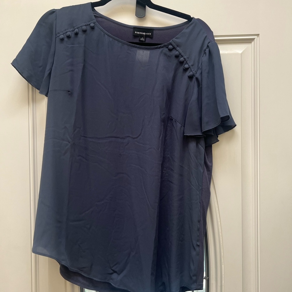Fortune Ivy-Blue Asymmetrical Embellished Short Sleeve Blouse